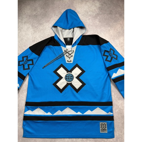 X Games Other - X Games Aspen 2025 Hooded Hockey Jersey Blue Black Lace Up Men M Embroidered